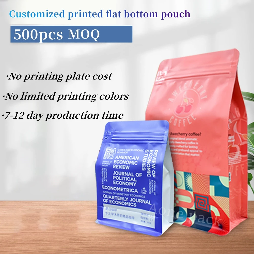 Customized Printing LOW MOQ Flat Bottom Eight-side Sealing Seed Coffee Snacks Potato Chip Dried Fruit Food Packaging Bag