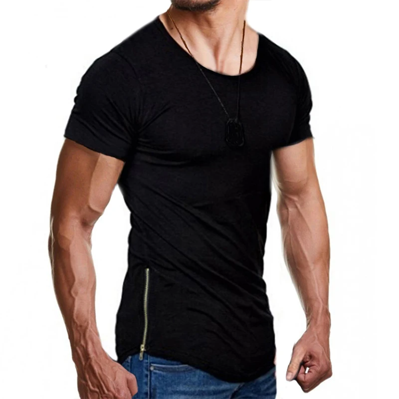 Мужская повседневная Однотонная футболка с боковой молнией и круглым вырезом