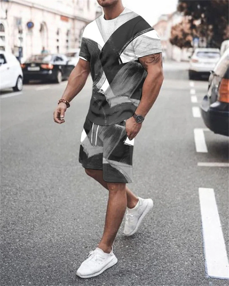 

Summer Men's Short-sleeved T-shirt + Shorts 2-piece Set Color Blocking Rose Black Striped Pattern Street 2022 Casual