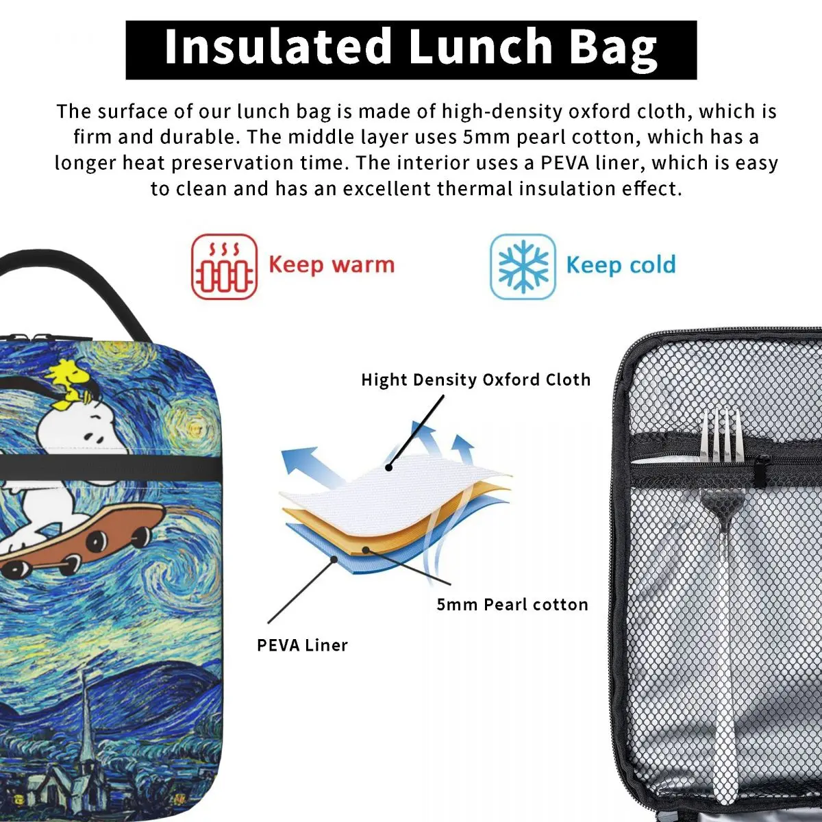 Изолированные пакеты для ланча Snoopy с изображением звездной ночи герметичный