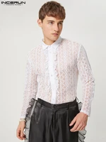 incerun tops 2022 american style new men ruffled hollow lace blouse sexy casual male see through long sleeved thin shirts s 5xl