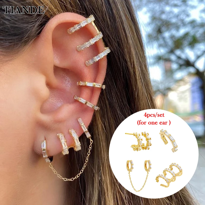 

TIANDE Silver Color Gold Plated Earrings Set for Women Zircon Ear Cuff Clip Stud Chain Hoop Earrings 2022 Jewelry Wholesale