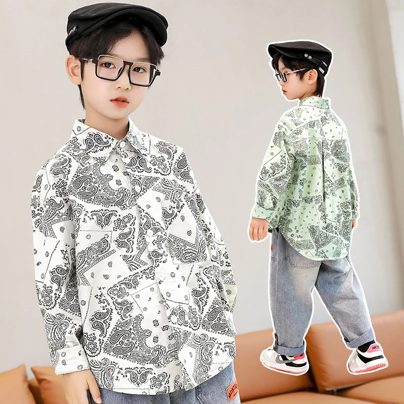 

2022 Spring Autumn Boy Cashew printed Shirt Long Sleeve Shirts children shirts for teenage boys 6 7 8 9 10 11 12y kids clothes
