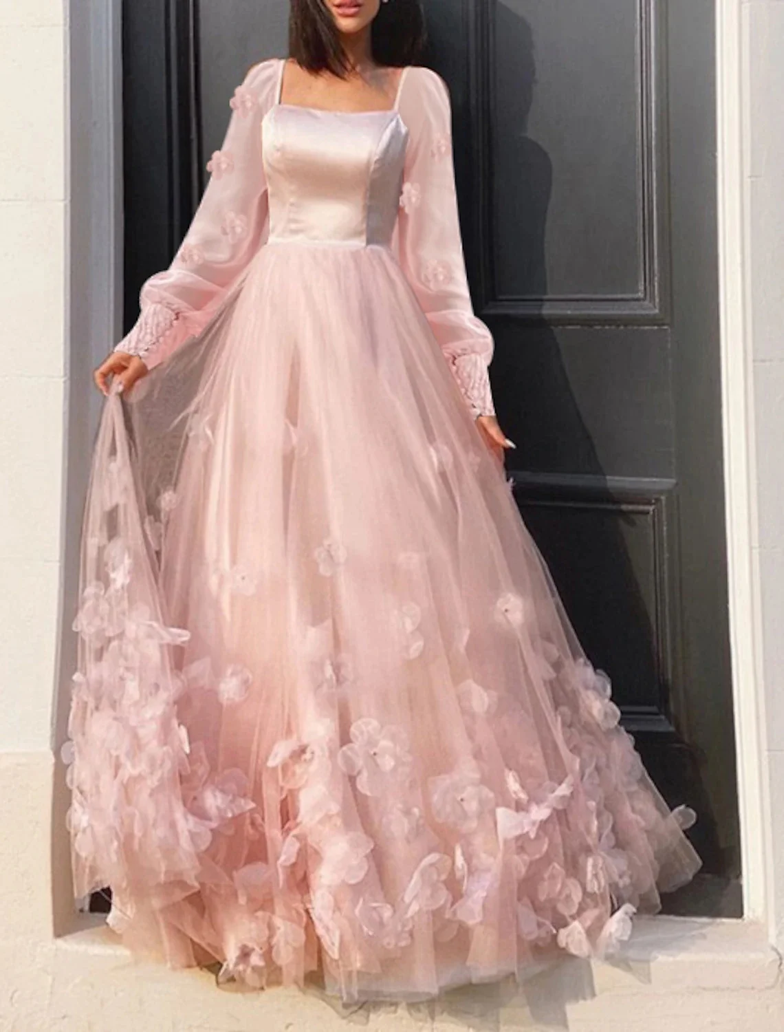 

A-line Woman Formal Wedding Guest Evening Prom Dresses Fashion Long Sleeve Scoop Neck Tulle with Appliques Butterfly 2023