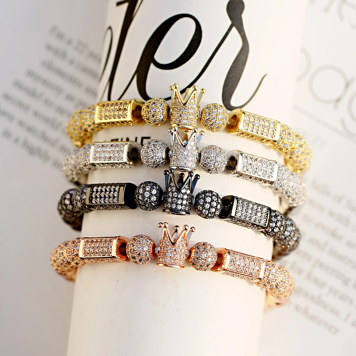 

Luxury Charm CZ Bracelet for Women 8mm Copper Beads White Crystal Crown Women's Bracelet Jewelry Gift