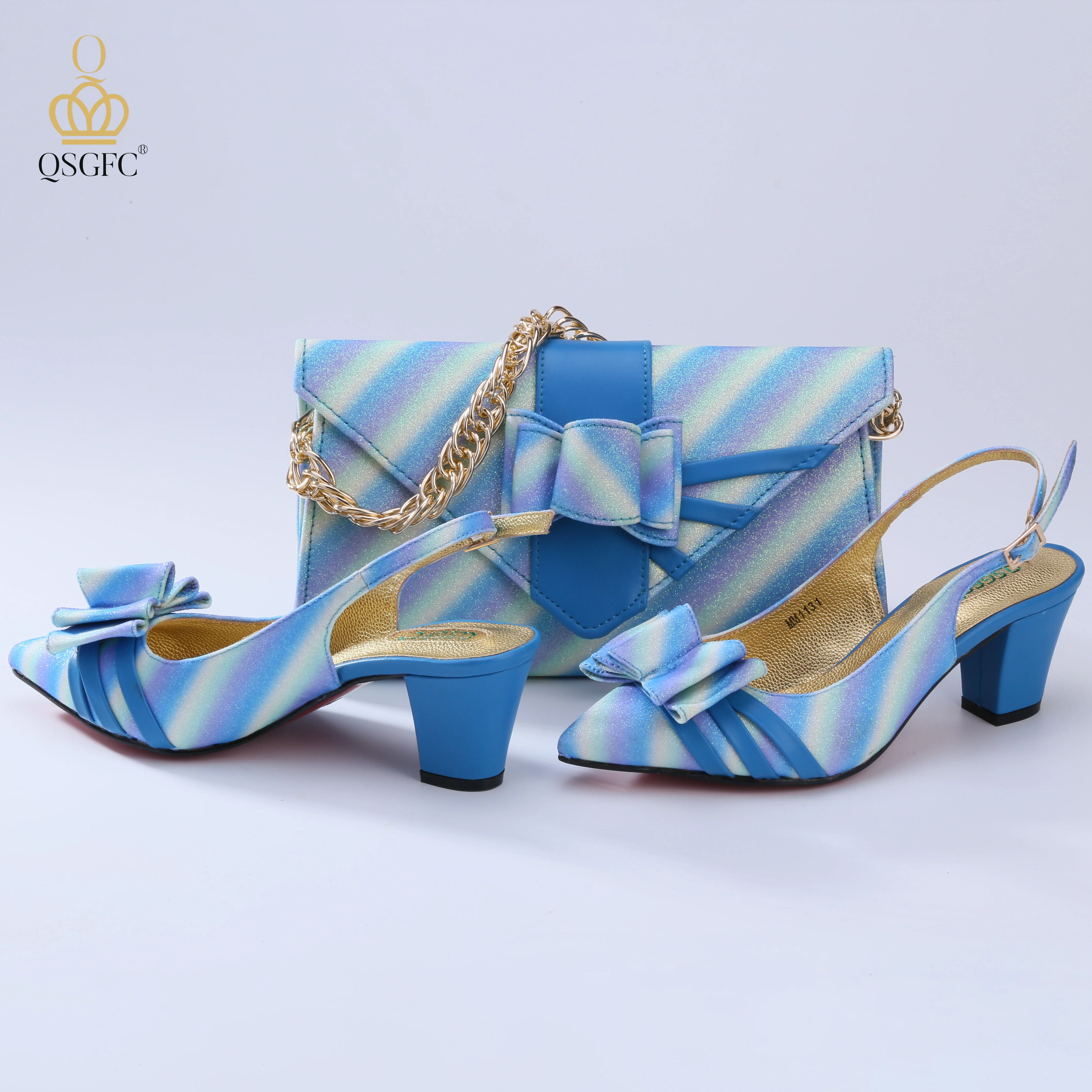 

QSGFC Italian Design Newest Colorful Stripes Pattern Sweet Style Noble Sky Blue Color Shoes and Bag Set for Party Wedding