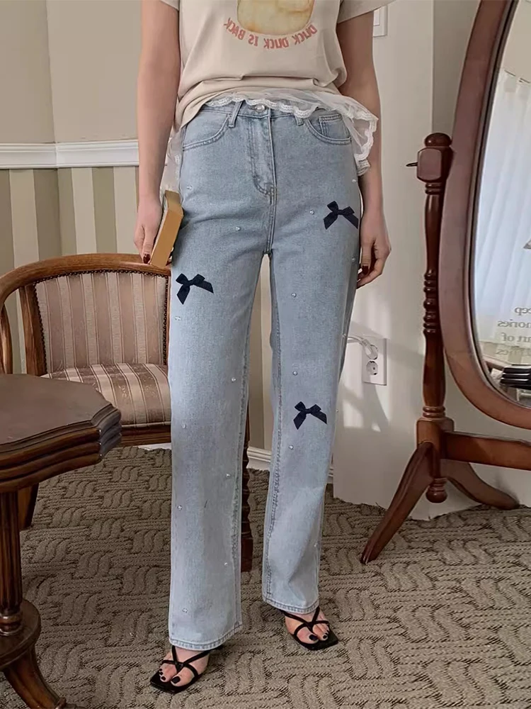 Джинсы с бантом и стразами в стиле пэчворк высокая талия Pantalones Mujer женские