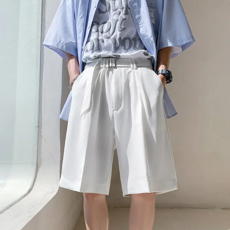 

Summer Black White Belt Suit Shorts Men Fashion Society Mens Dress Shorts Loose Straight Casual Shorts Mens Office Formal Shorts