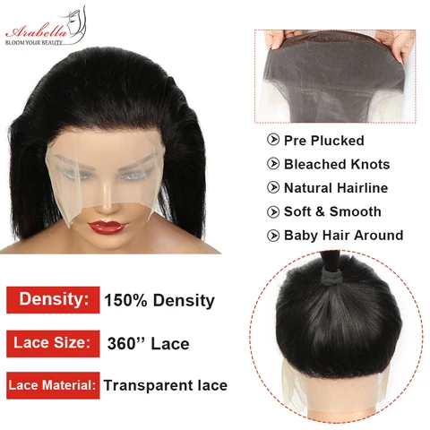 Фронтальные прямые 100% человеческие волосы, арабилла, кружевная застежка, предварительно выщипанные отбеленные узлы, 13x6, прозрачное кружевное фронтальное 360 кружево
