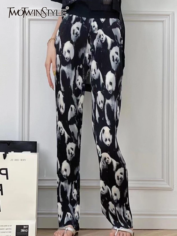 

TWOTWINSTYLE Casual Loose Long Pants For Women High Waist Patchwork Folds Straight Print Colorblock Trousers Female 2022 Clothes