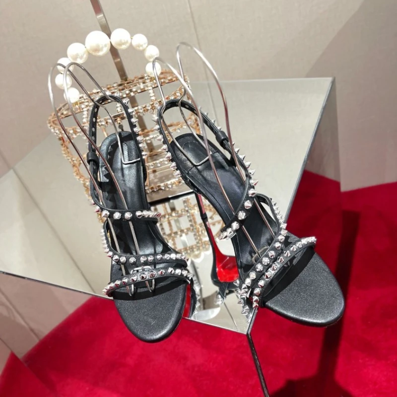 Summer New Color-blocking Rivets Word Buckle Hollow Stiletto Sandals Europe and The United States Roman High-heeled Sandals