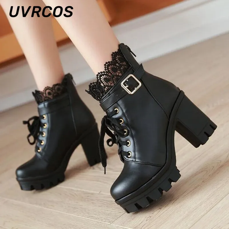 

Single Boots Women Super High Heel Chunky Lace Up S Waterproof Ankle British Style Factory The new listing Direct Selling