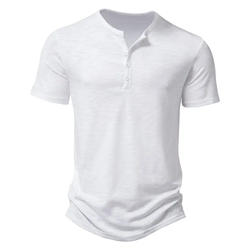 

Men's Summer T-shirt, Henley Collar White Shirt, Short Sleeve, Casual, Slim, Solid Color