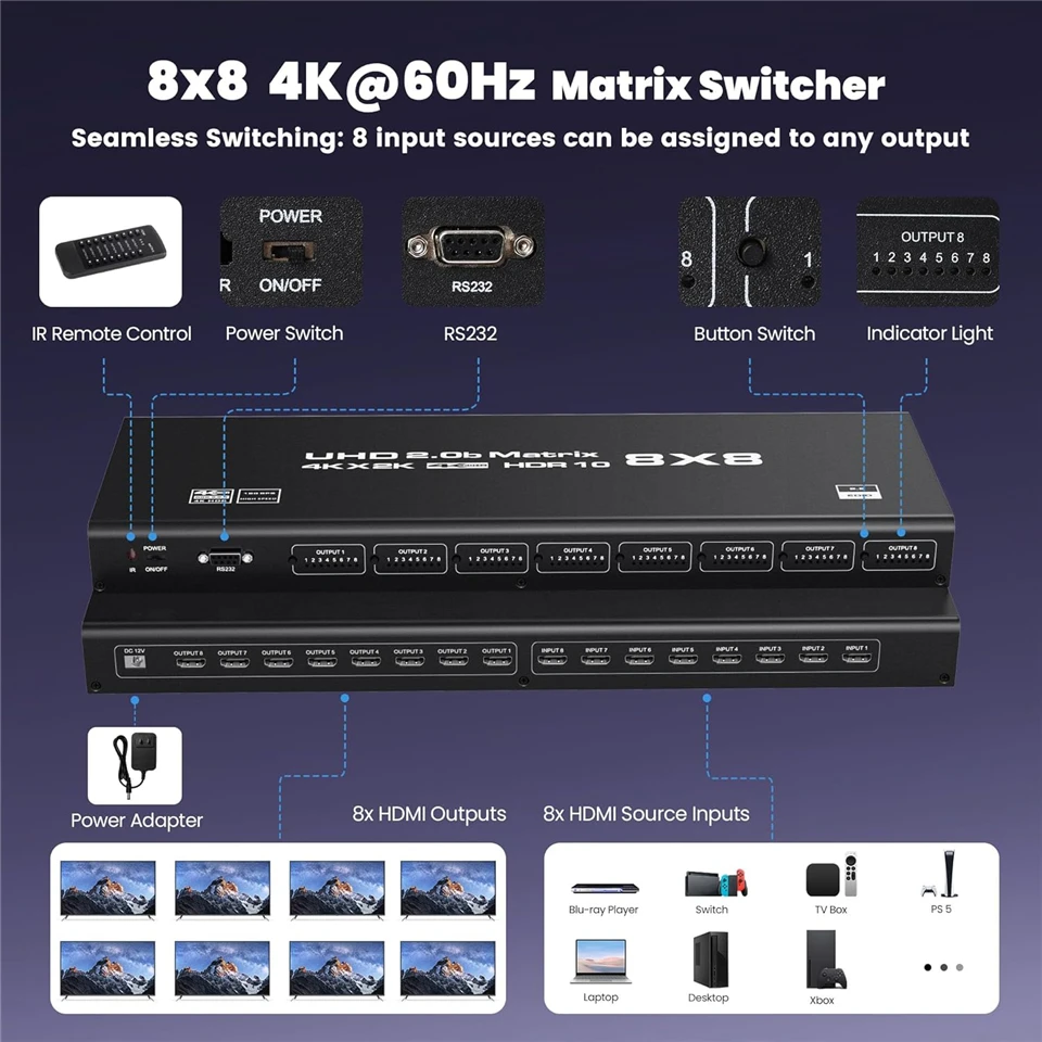 Фото Navceker 4K 60 Гц HDMI Matrix 8x8 Switcher Splitter 8 входов 8 выходов RS232 ИК-пульт дистанционного управления для мониторинга безопасности ЖК-телевизор №2