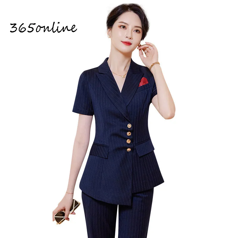 

Summer Women Business Suits with 2 Piece Set Pants and Tops Short Sleeve Ladies Office Work Wear Professional Blazers Pantsuits
