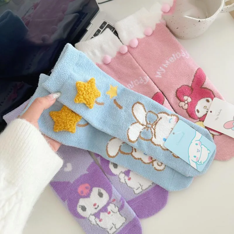 

Sanrio Kawaii Kuromi Anime Cinnamoroll Coral Fleece My Melody Mid-Calf Socks Cute Cartoon Cotton Socks Kids Gift