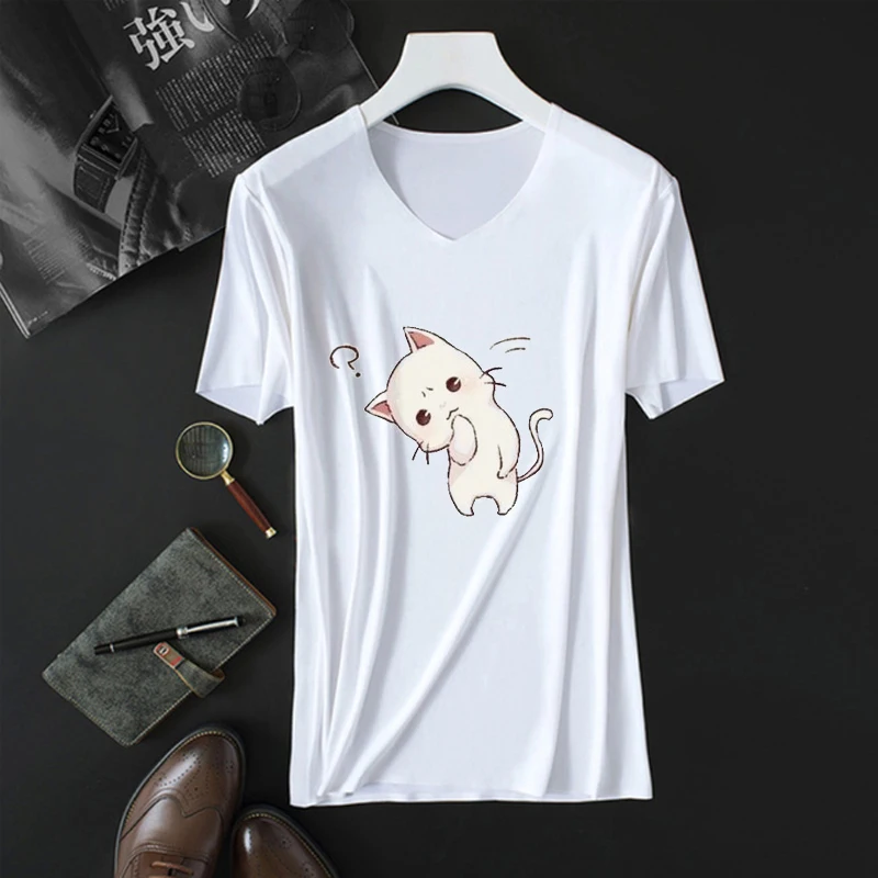 

Convention question cat Print T-shirt Men Tee Tops Ice Short Sleeve V Collared Tshirt Male Ice silk T Shirt Hipster Men Clothes