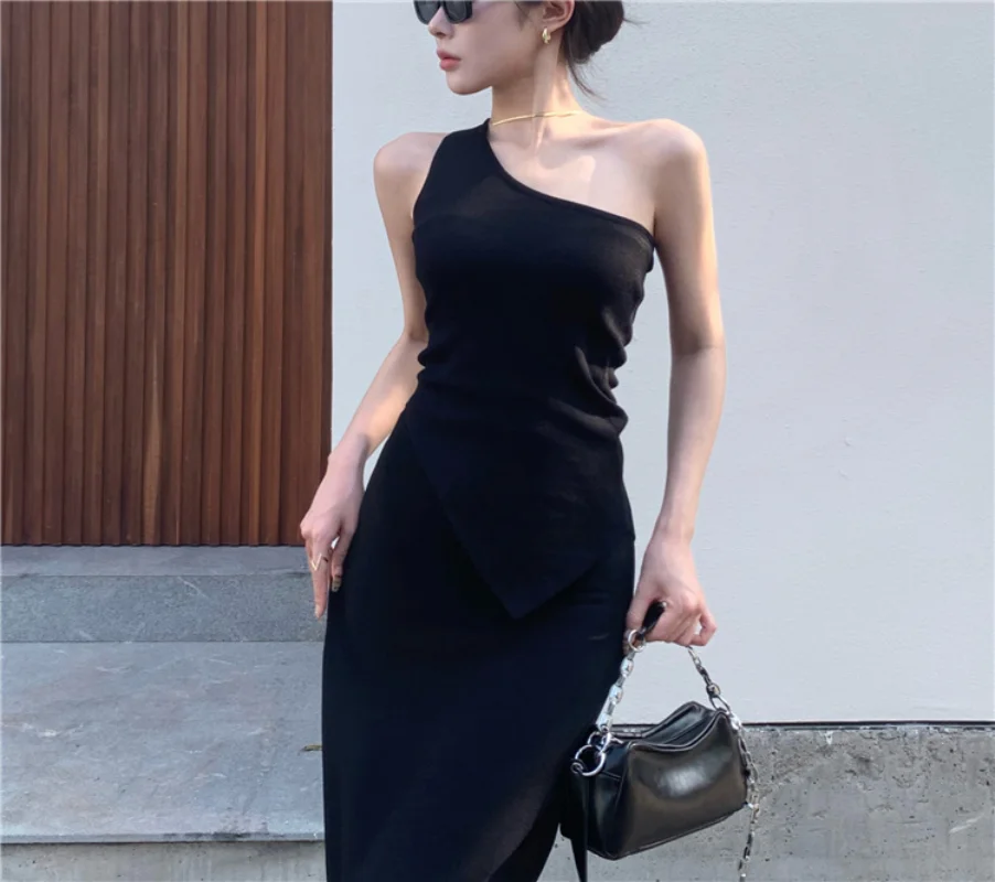 

2023 New Fashion Women's Dresses Solid Color Sexy One Shoulder Halter Bandage Backless Knitted Long Dress Beach Robes Vestidos