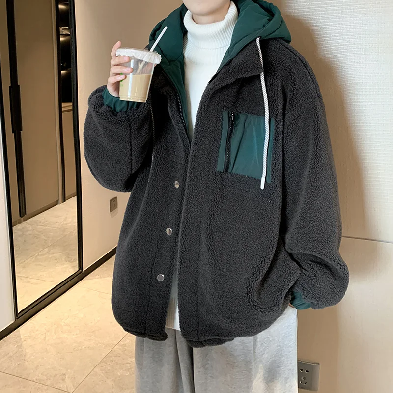 Winter Jacket Men Warm Fashion Casual Thickened Lamb Wool Jackets Mens Streetwear Korean Loose Thick Hooded Short Coat Men M-2XL