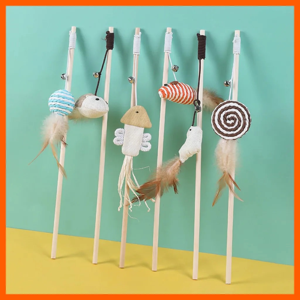 

Teaser Cat Toy Wooden Stick Interactive Fish Mouse Candy Feather Catnip Kucing Teaser Toys for Kitten Chaser Wand Random Color