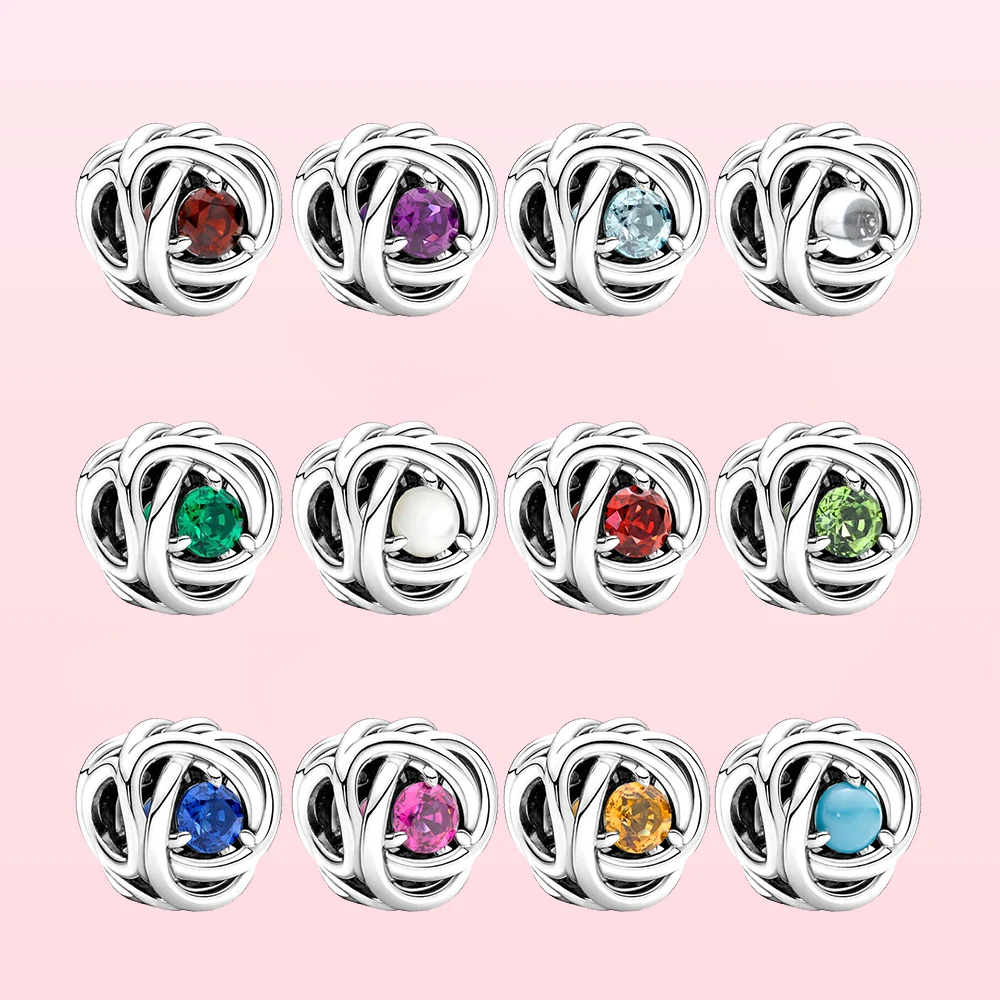 

925 Silver Crystal Birthstone Eternity Circle Charm Beads Fit Pandora Bracelet Necklace Diy Jewelry for Women Birthday Gift