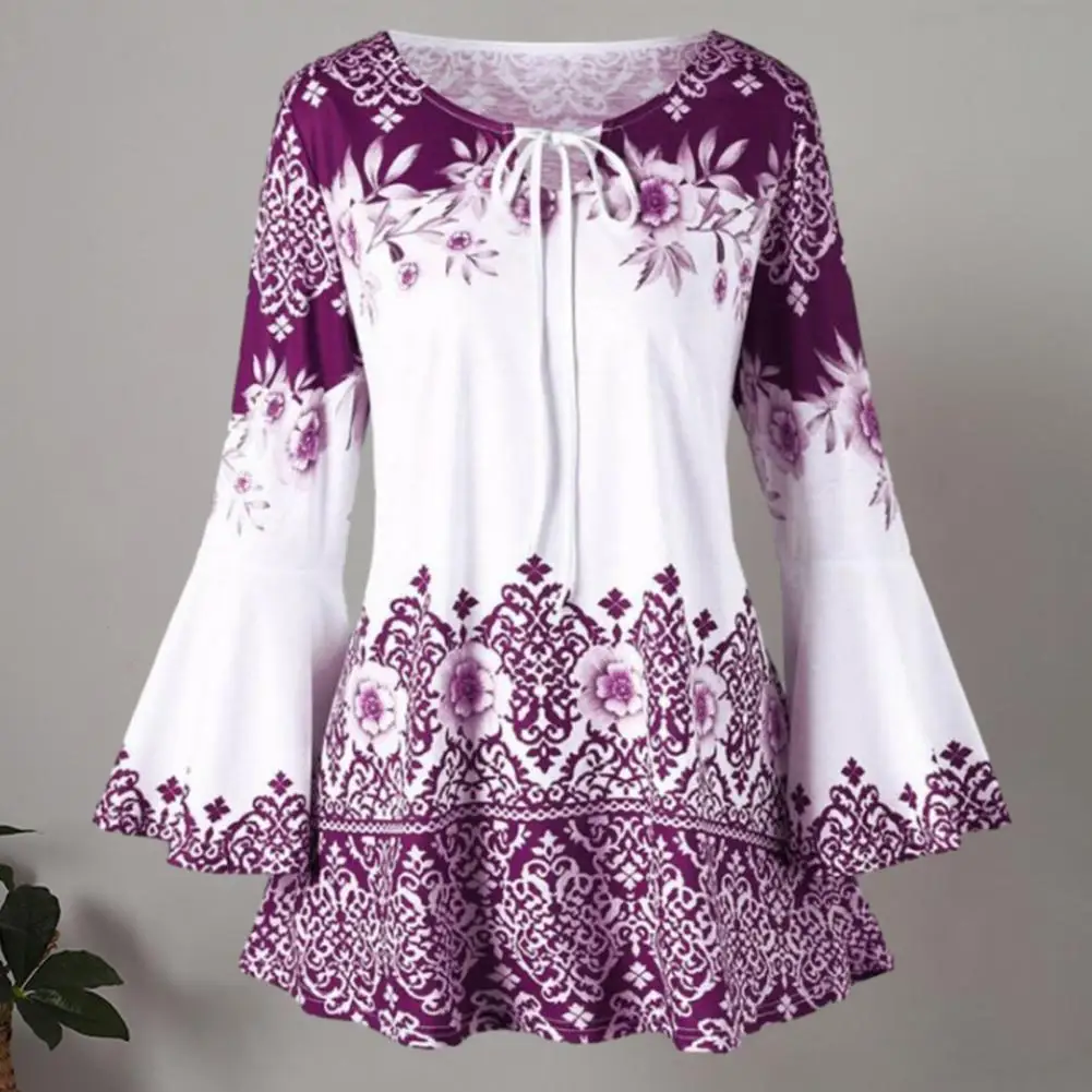 

Women Top Flower Print Horn Sleeve Lady Shirt A-line Loose Hem Lace Up Round Neck Female Blouse Contrast Color Tight Waist Top