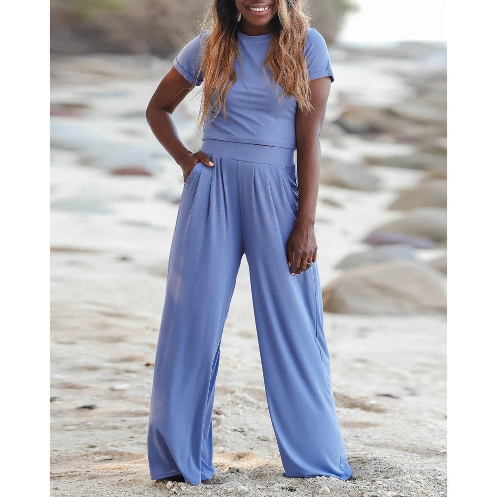 Women Solid O-Neck Short Sleeve Top & High Waist Ruched Pants Set Casual Femme Fashion Two-Piece Set Woman Outfits Clothes