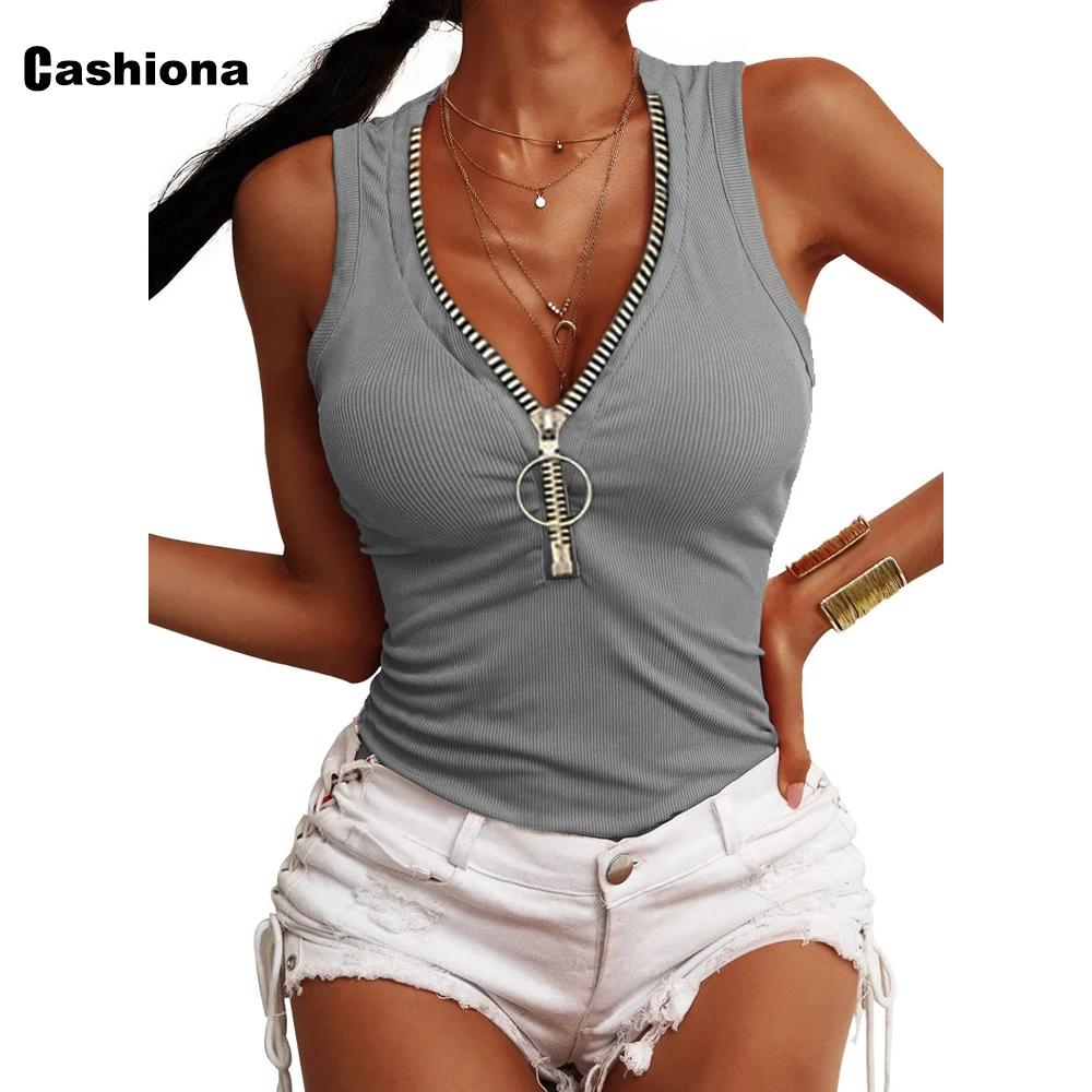 

Women Fashion Zipper Tops Solid Casual Pullovers 2022 New Sexy V-Neck T-shirt Sleeveless Knitted Shirts Clothing Plus Size S-3XL