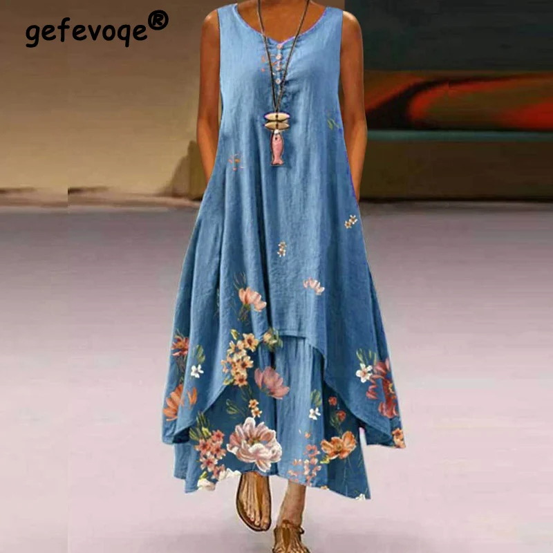 

Vintage Fashion Floral Printed Women Sundress 2022 Summer Holiday Casual Sleeveless Long Dress Elegant Ladies Beach Maxi Dresses