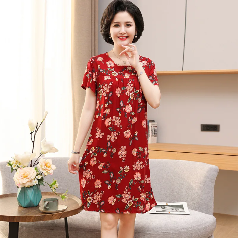 Fdfklak New Summer Nightgown For Middle-Aged Soft Viscose Short Sleeve Loose Loungewear Floral Print Women's Night Gown