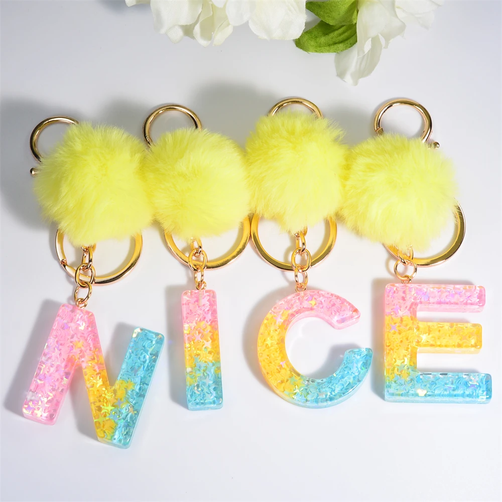 

Rainbow Color Letter Keychain Puffer Ball Creative Initial Alphabet Keyring Trendy Handbag Accessories For Women Car Key Holder