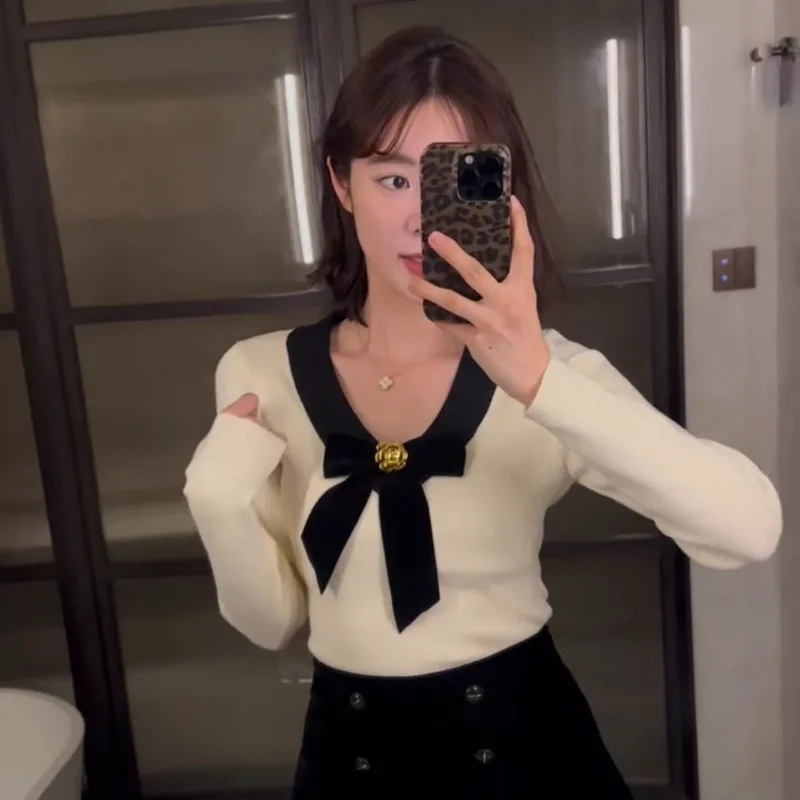 Вязаная нижняя рубашка с v-образным вырезом и бантом женская осенне-зимняя