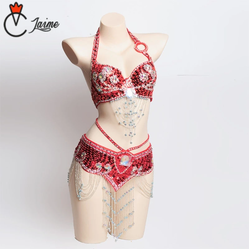 

Belly Dance Costumes Oriental Dance Sequined Beaded Bra and Belt Suit Set size XL 2pcs 38D/85D