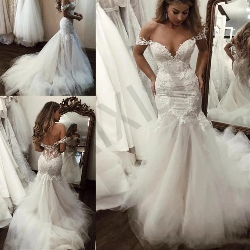 

Formal Wedding Dresses Appliques Bridal Gowns Off The Shoulder V Neck Mermaid Sleeveless See Through Vestido De Noiva