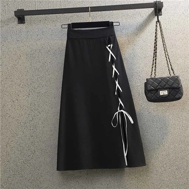 

Spring Summer Women Skirts High Waist Straps Korean Dark Vintage Long A-line Skirts Women Fashion 2022 Plus size M-4XL 100KG