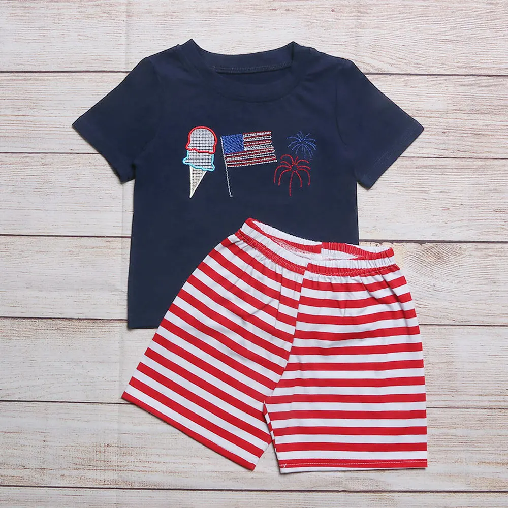 

2pcs Summer Clothes For Boy Black Fireworks Ice Cream Short Sleeve + Red Cotton Stripe Shorts Kids Baby Set For 1-8T Boys
