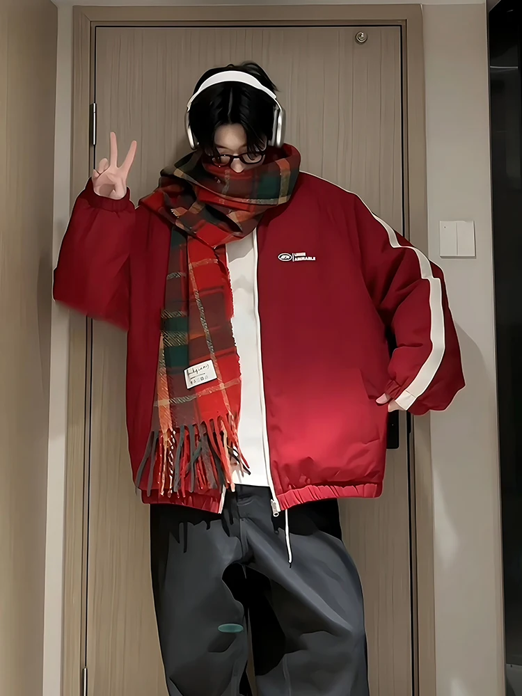 Ankela Red Down jacket Men's Winter Thickened Design Double-Sided Wear Jacket Cotton-padded jacket American High Street down ...