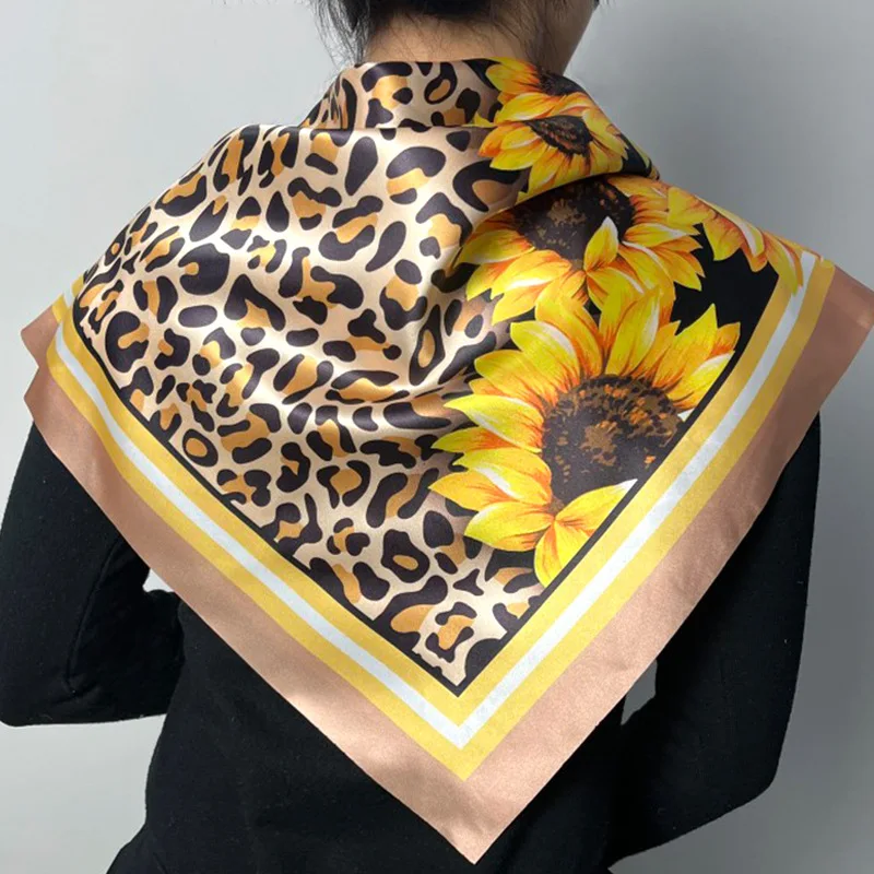 

American fashion design silk scarf sunflower leopard stitching sunflower American element large square towel