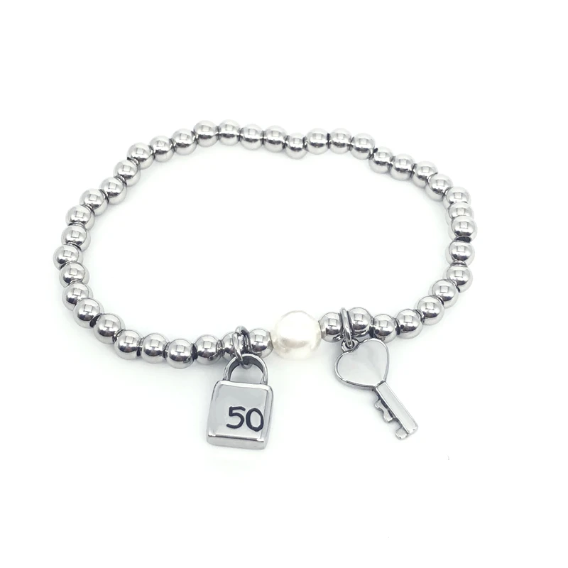 

Fashion Stainless Steel Heart Lock Key 50 6mm Brand Pendant Pearl Bracelet Beads Chain UNO Jewelry For Women Men