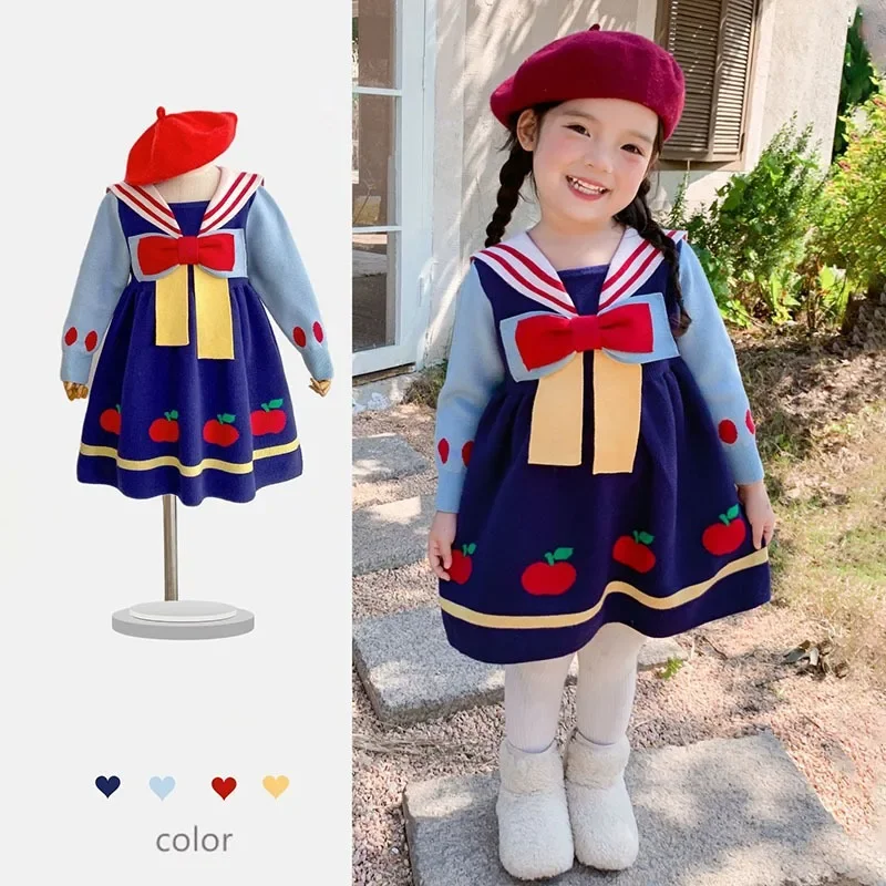 

Disney Snow White Dress 3-8 Year Long Sleeve Bow Tie Knitted Sweater Dress Girls New Cartoon Kawaii A-line Children Clothing
