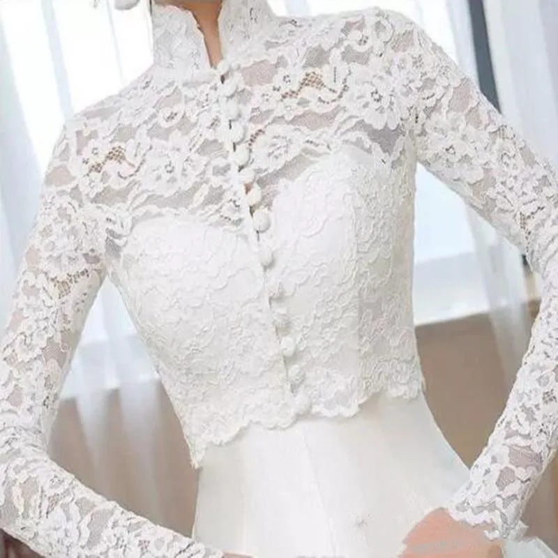 

Vintage New White/Ivory Wedding Jacket Bridal Boleros Long Sleeve Lace Applique Top High Neck Custom Made Wraps Jackets