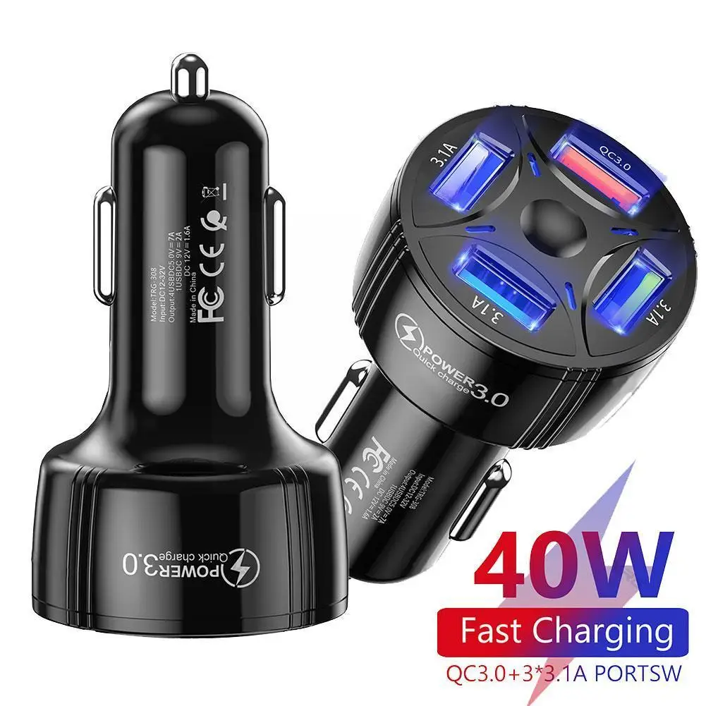 

40W 4 USB Ports Car Charger Adapter LED Display QC 3.0 Fast Charging Car Accessories For IPhone 14 Car Charge Fast Charging D7G1