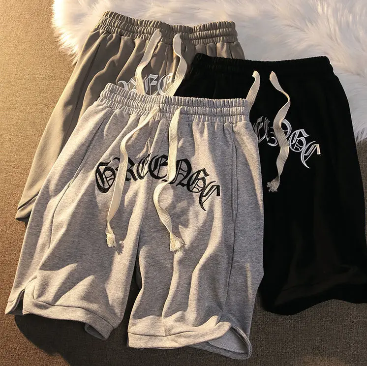 

Vintage streetwear letter embroidery elastic waist loose outer wear mens shorts 2022 new summer casual couple five-point shorts