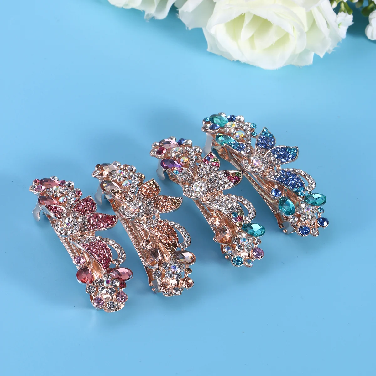 

4PC Hairpins Crystal Rhinestone Vintage Girl Heart Horsetail Clips Headdress Hair Decor Barrettes