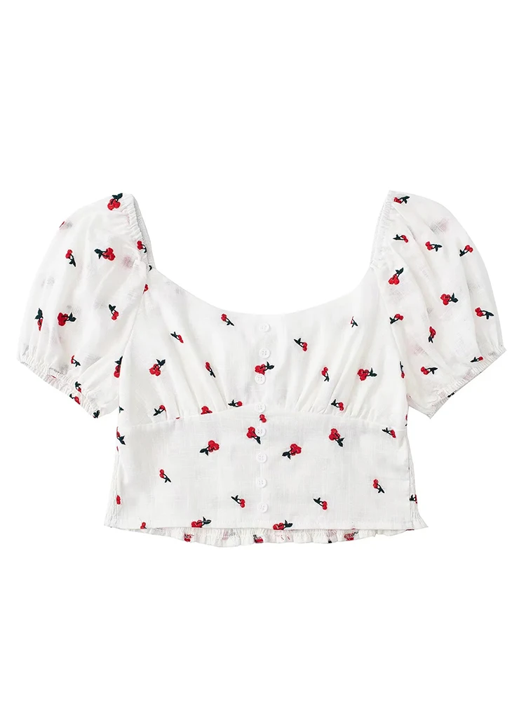 

xikom 2022 Women Fashion With Cherry Embroidery Cropped Blouses Vintage Short Sleeve Back Elastic Female Shirts Blusas Chic Tops