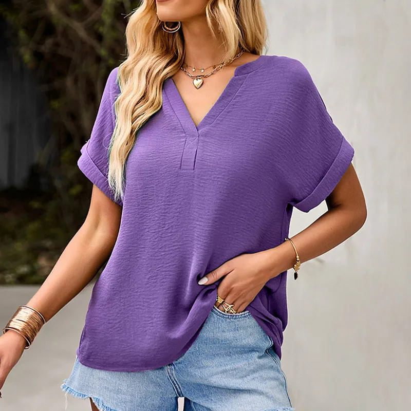 

Блузка женская свободного кроя с V-образным вырезом, однотонная Повседневная рубашка оверсайз, элегантный Молодежный топ, лето 2023