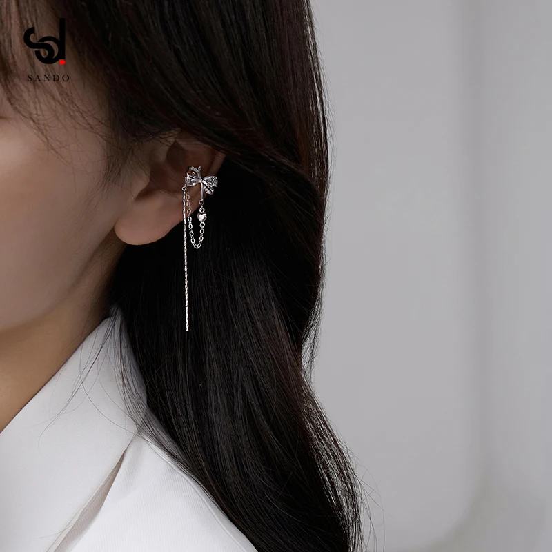 Серебряный циркониевый бант зажим для ушей женский летний с кисточкой милый