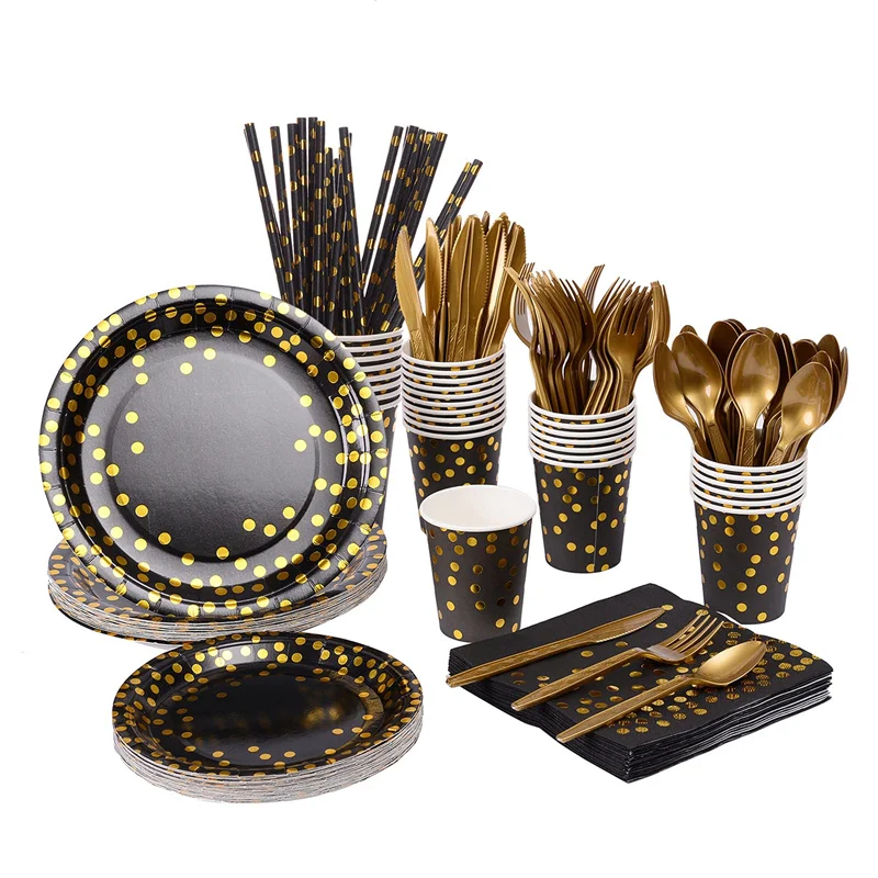 

Black Gold Disposable Tableware Sets Golden Dots Birthday Party Decorations Paper Plate Cup Wedding Bachelor Party Supplies