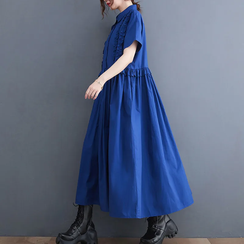 Женское Плиссированное Платье #3319 черное синее платье-рубашка с оборками