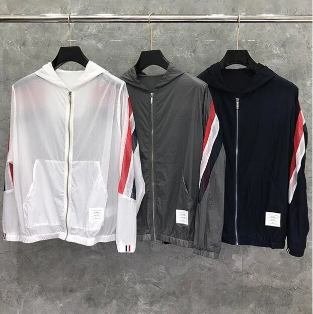 

Brand 2023 Fashion TB THOM Jacket Men Thin Hollow Out Sun-Protective Summer Sports Coat Striped Casual Hooded Skin Windbreaker